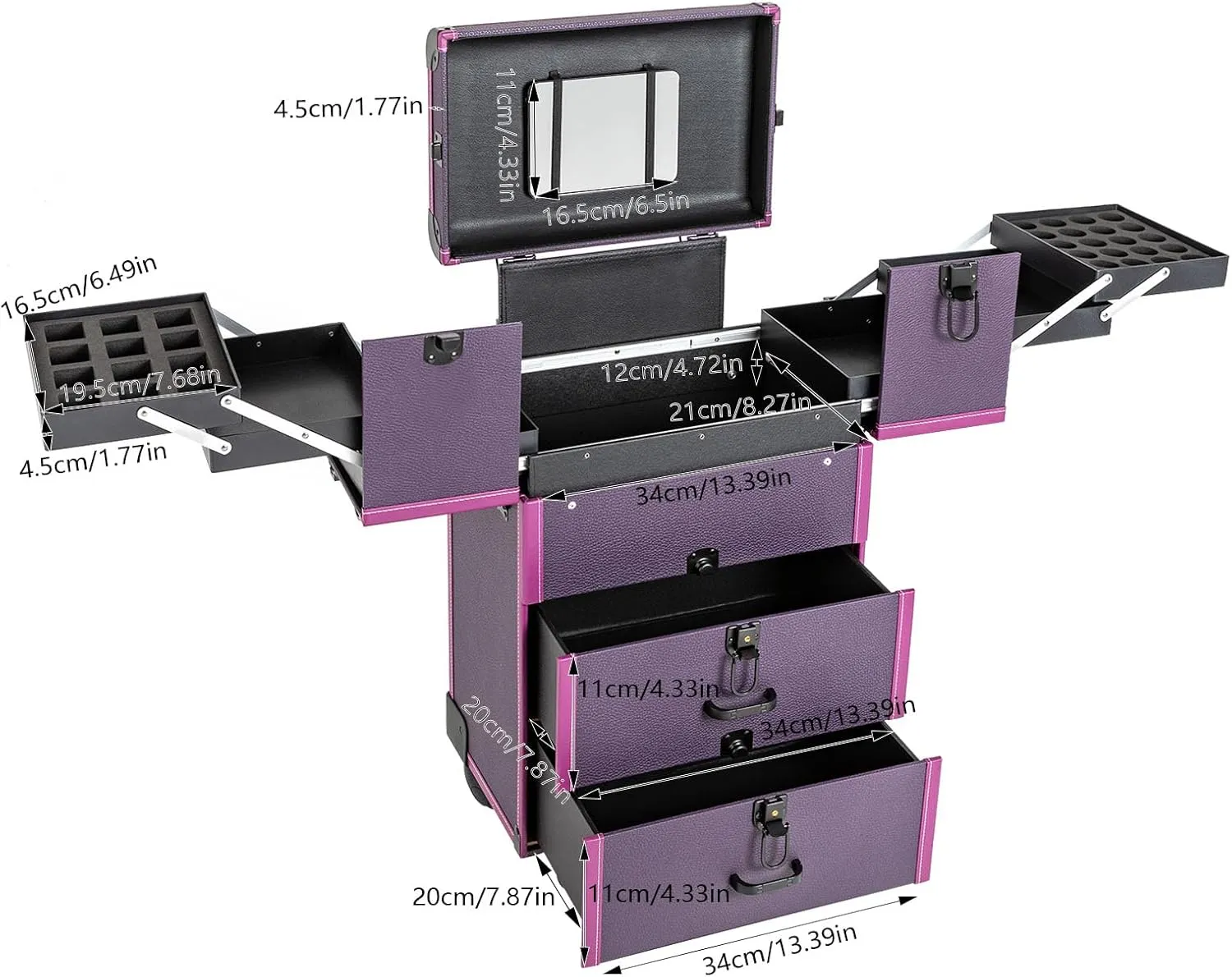 Professional Rolling Makeup Train Case, 360° Swivel Wheels Multi-functional Cosmetic Trolley Hairdressers Salon Cosmetic Trolley Organizer Box for Nail Technicians Hairstylist (Purple)