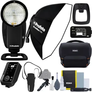 Profoto A10 On-Camera Flash Light for Sony Bundle with Profoto Connect Pro Wireless Transmitter for Sony Camera, Profoto Clic Softbox Octa 2 Feet, and Koah Roebling Street Camera System (4 Items)