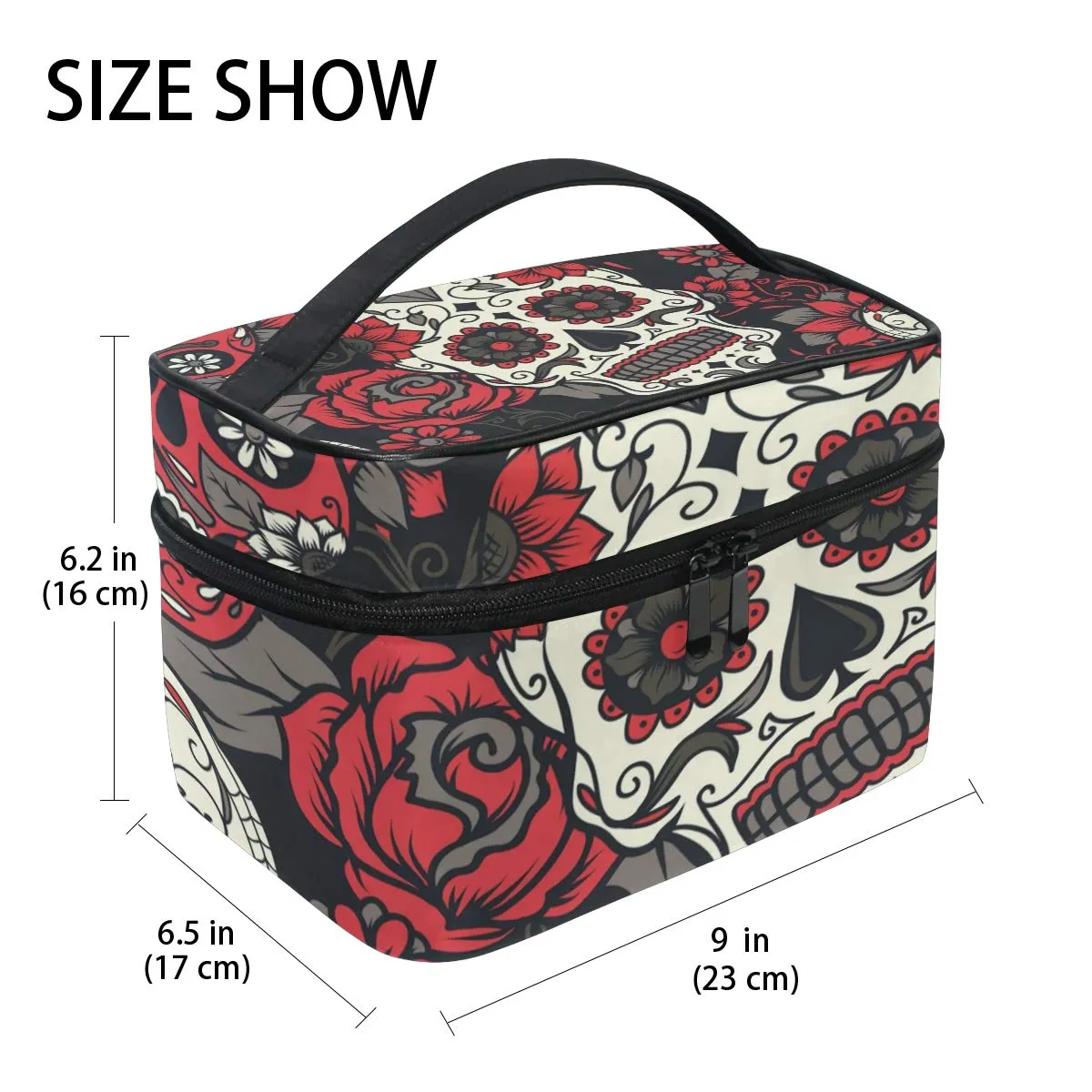 Qilmy Sugar Skull Makeup Bag Train Case Travel Cosmetic Brush Bag Toiletry Organizer for Women Girls