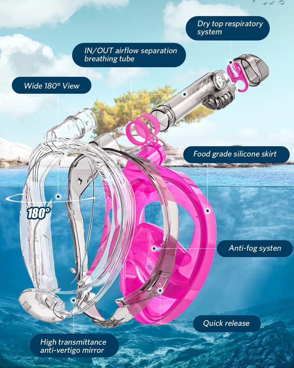 QingSong Full Face Snorkel Mask for Adults, Snorkeling Gear with Camera Mount, 180 Degree Panoramic View Snorkel Set Anti-Fog Anti-Leak