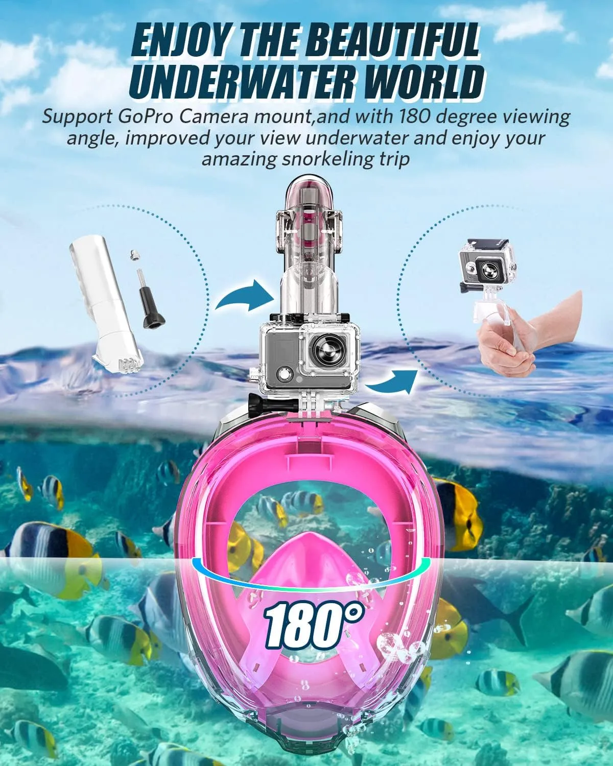 QingSong Full Face Snorkel Mask for Adults, Snorkeling Gear with Camera Mount, 180 Degree Panoramic View Snorkel Set Anti-Fog Anti-Leak