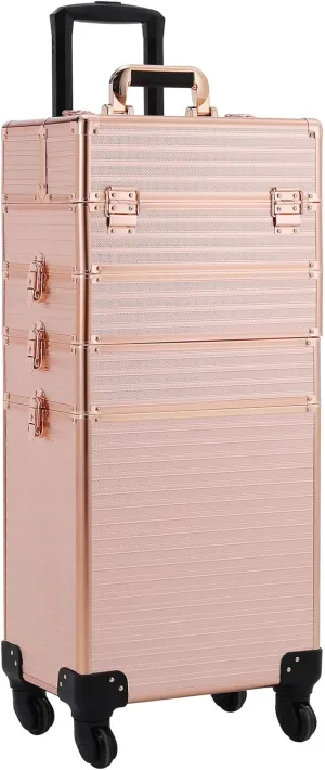 Qivange Makeup Train Case,4 in 1 Rolling Makeup Case with Extra Large Travel Organizer, 360°Swivel Wheels Trolley Cosmetic Case Jewellery Box Train Case (Rose Gold)