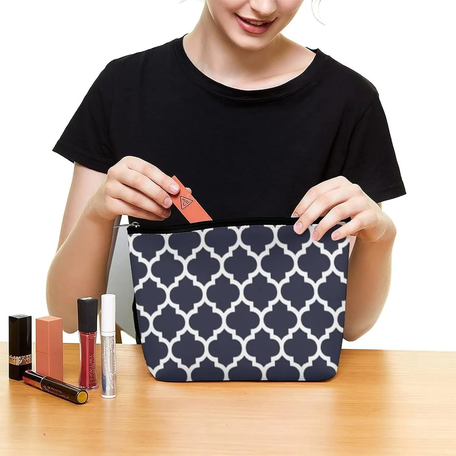 Quatrefoil Navy Blue Cosmetic Bag, Travel Portable Makeup Bag for Purse Pouch Beauty Zipper Organizer Toiletry Bag for Women