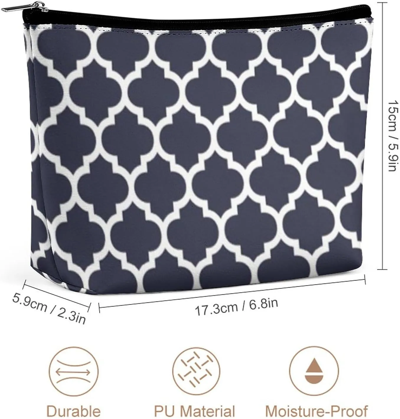 Quatrefoil Navy Blue Cosmetic Bag, Travel Portable Makeup Bag for Purse Pouch Beauty Zipper Organizer Toiletry Bag for Women