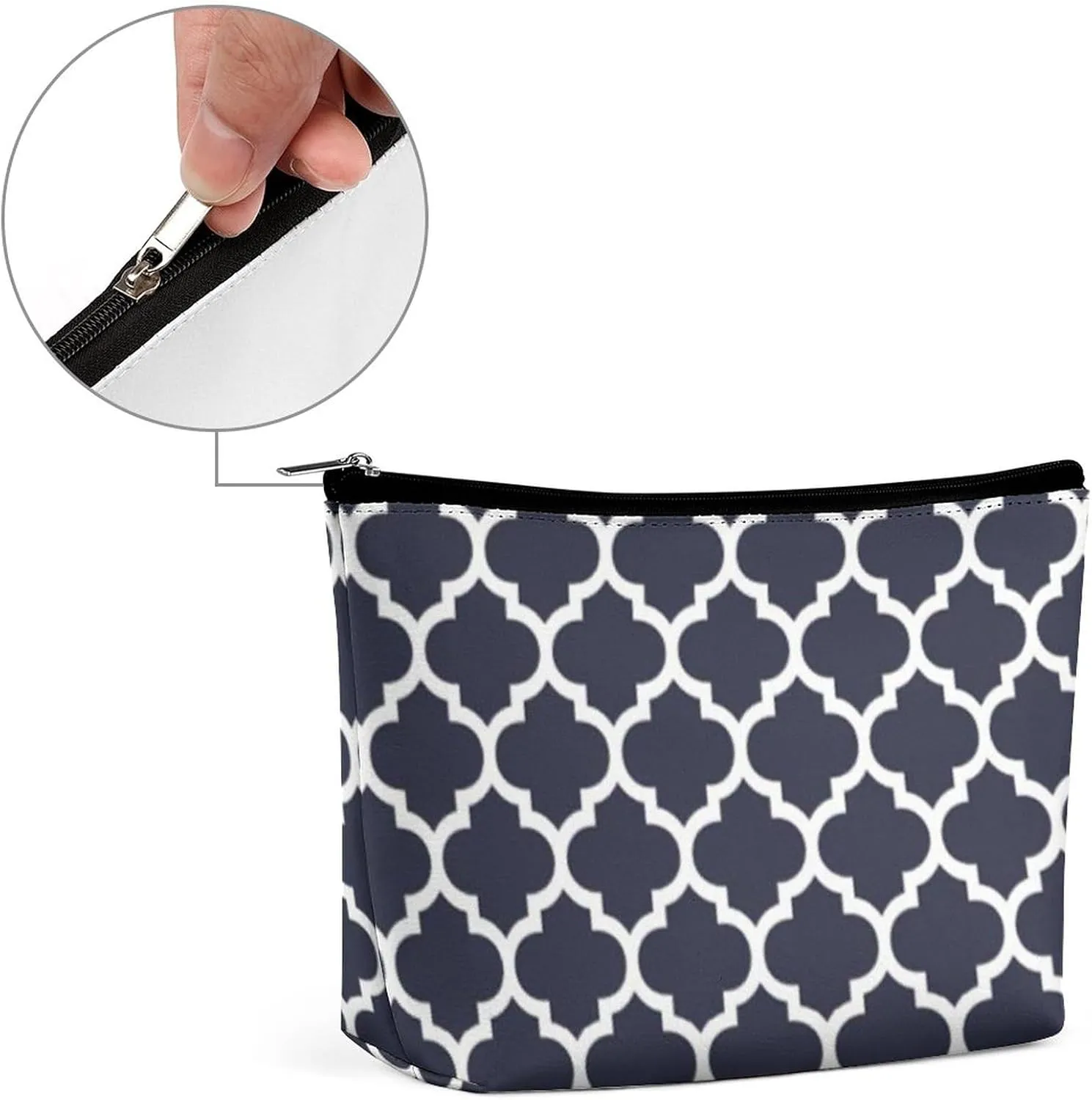 Quatrefoil Navy Blue Cosmetic Bag, Travel Portable Makeup Bag for Purse Pouch Beauty Zipper Organizer Toiletry Bag for Women