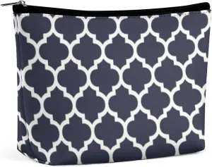 Quatrefoil Navy Blue Cosmetic Bag, Travel Portable Makeup Bag for Purse Pouch Beauty Zipper Organizer Toiletry Bag for Women