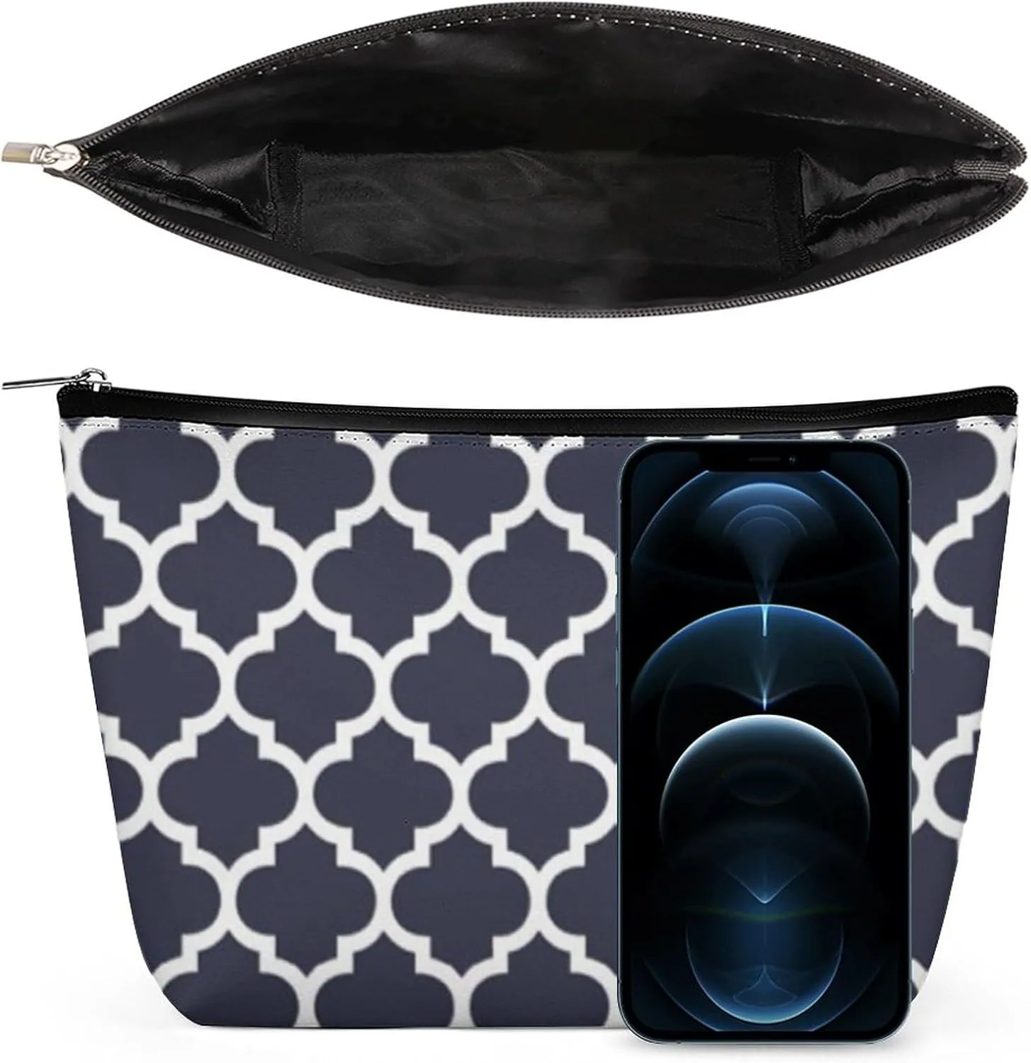 Quatrefoil Navy Blue Cosmetic Bag, Travel Portable Makeup Bag for Purse Pouch Beauty Zipper Organizer Toiletry Bag for Women