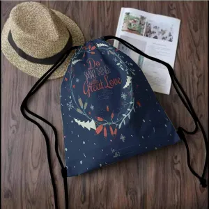 Quote Made of polyester fabric Romantic Floral Wreath with Laurel Leaves Loving Wishes Calligraphy Vintage Waterproof drawstring backpack W13.4 x L8.3 Inch Navy Mint Green Red