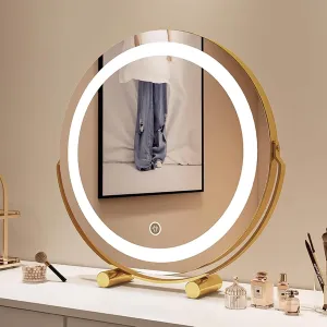 Rechargeable Makeup Mirror Round, Lighted Makeup Beauty Mirror, 3 Color Lighting, Dimmable Touch Screen, Tabletop LED Cosmetic Vanity Mirror With Lights For Bedroom ( Color : gold , Size : 19.7"X21.3"