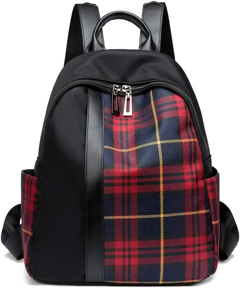 Red Plaid Backpack Canvas Nylon Fashion Daypack Women Shoulder Purses Traval Daily Ruchsack Medium