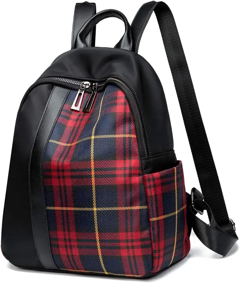 Red Plaid Backpack Canvas Nylon Fashion Daypack Women Shoulder Purses Traval Daily Ruchsack Medium
