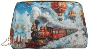 Red Train Hot Air Balloon Makeup Bag, Leather Cute Travel Toiletry Bag for women, Small Cosmetic Bag for Purse Make up Bags Organizer for Makeup Brushes Lipsticks