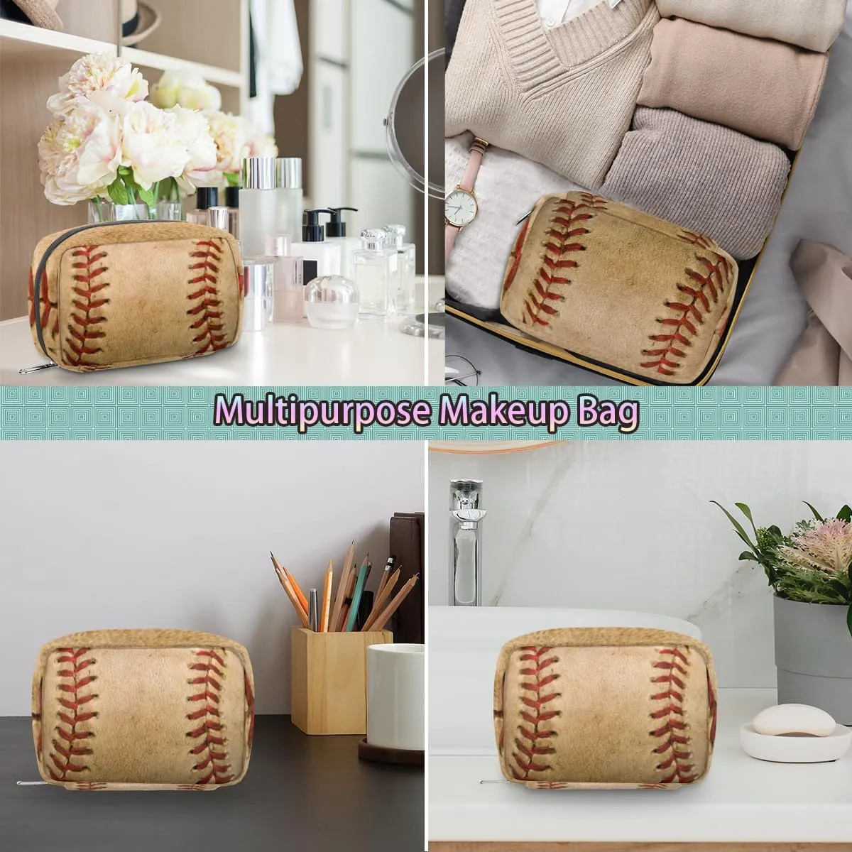 Retro Baseball Travel Toiletry Bag for Boys Men, Waterproof Shaving Bag with Large Capacity for Travel,Sports,Shower, Cute Small Baseball Dopp Kit for Women