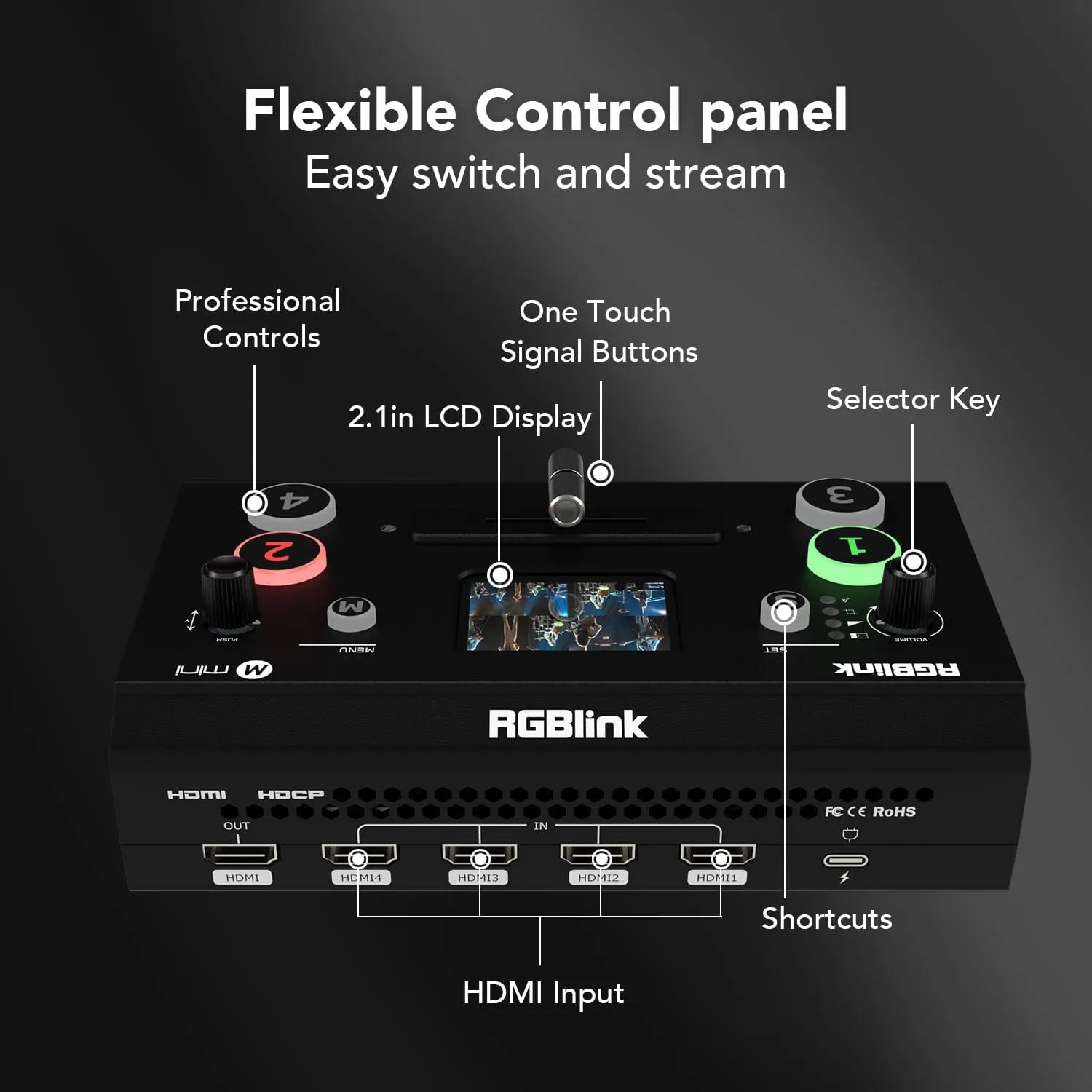 RGBlink Mini Video Mixer Switcher with 4 x HDMI Inputs 2K Input/Output Real Time Live Streaming, Support Output 6 Pictures PVW and PGM, for Facebook, YouTube, Instagram, Tiktok, RTMPS