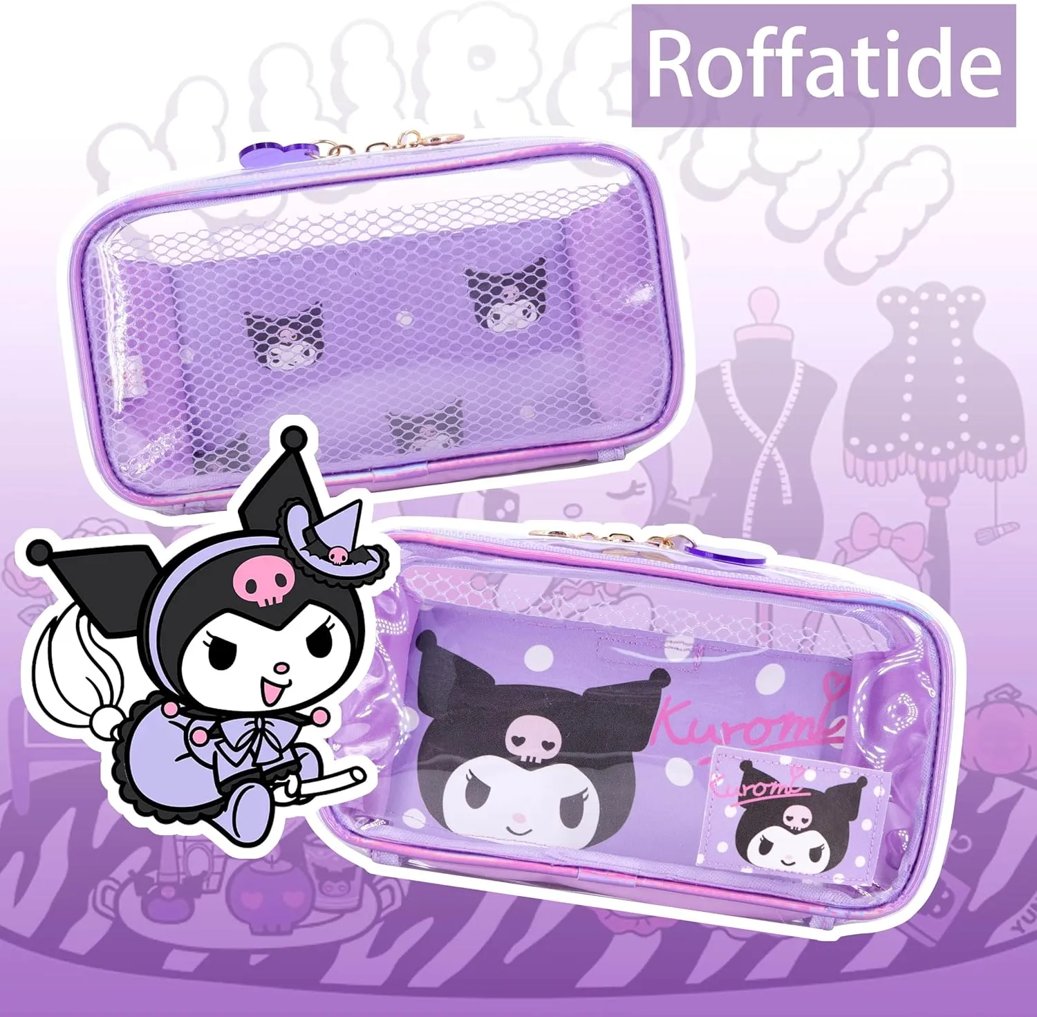 Roffatide Anime Kuromi Clear Makeup Bag Purple Waterproof Cosmetic Case Holographic PVC Toiletry Pouch Travel Packing Bag for Girls