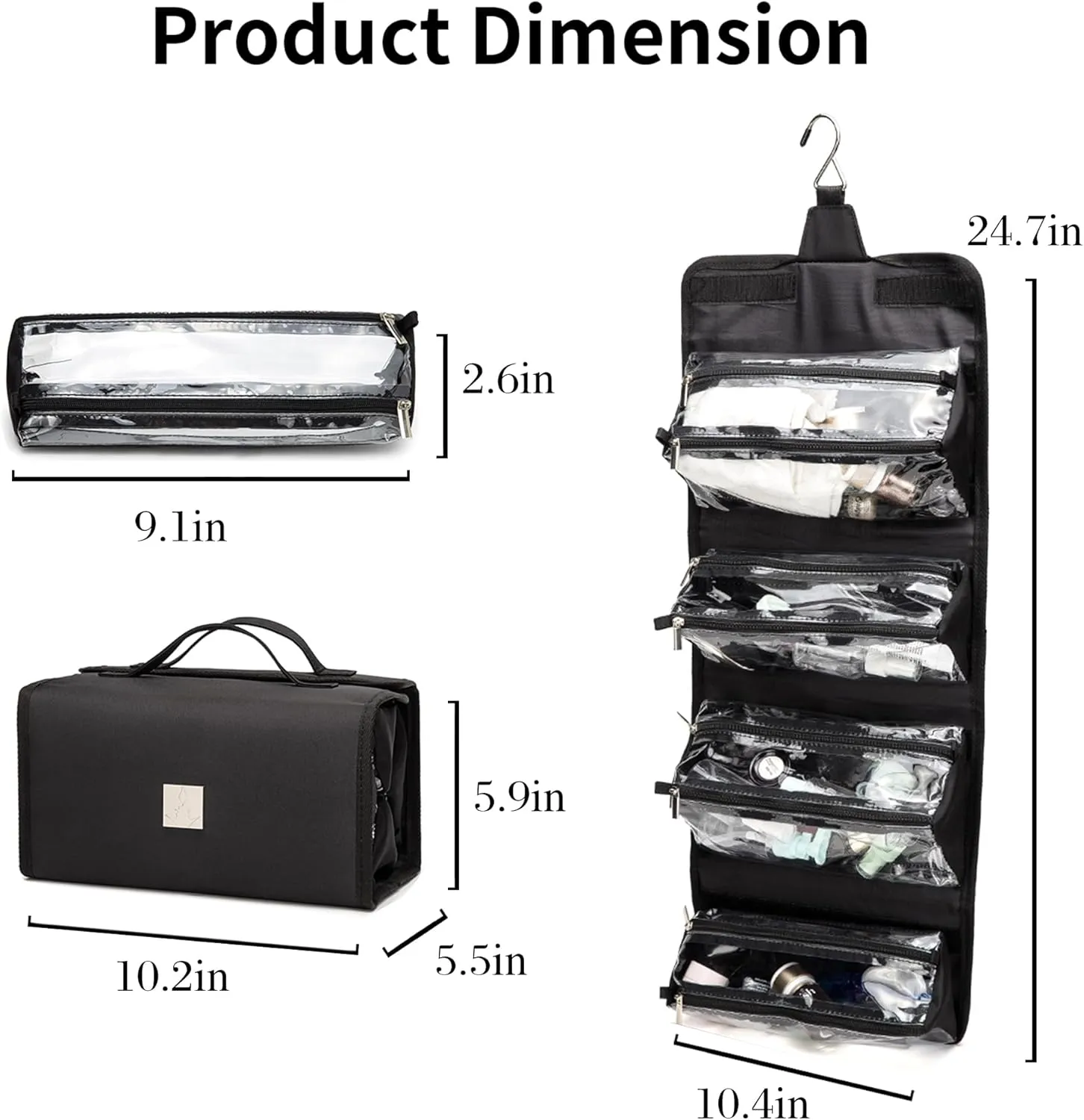 Roll Up Makeup Bag, Travel Toiletry Bag for Women with 4 Clear TSA Approved Pouches, Hanging Travel Organizer, Folding Cosmetic Bag for Men and Women