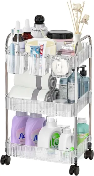 Rolling Cart, Acrylic Storage Cart on Wheels, 3 Tier Organizer for Makeup, Skincare, Cosmetic, Perfume, Beauty Products, Clear