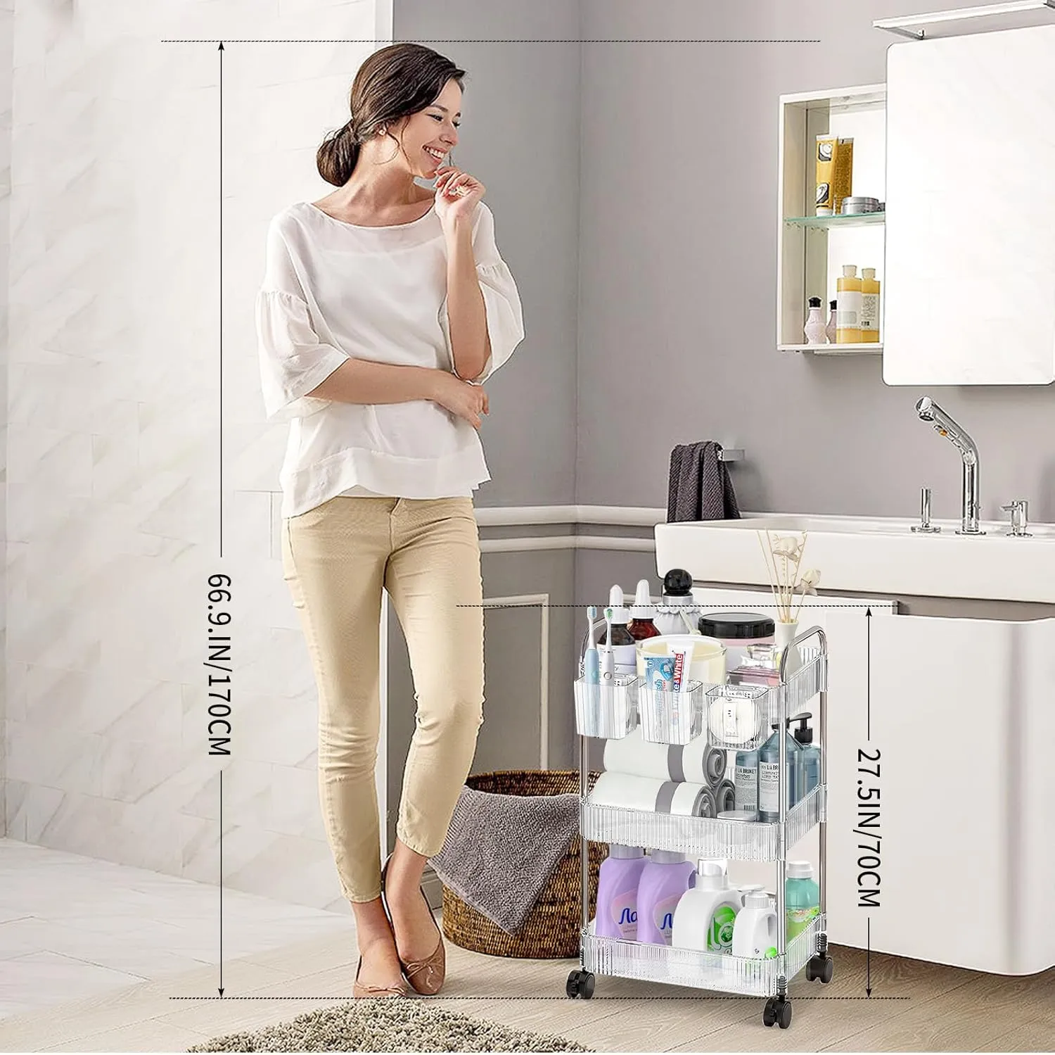 Rolling Cart, Acrylic Storage Cart on Wheels, 3 Tier Organizer for Makeup, Skincare, Cosmetic, Perfume, Beauty Products, Clear