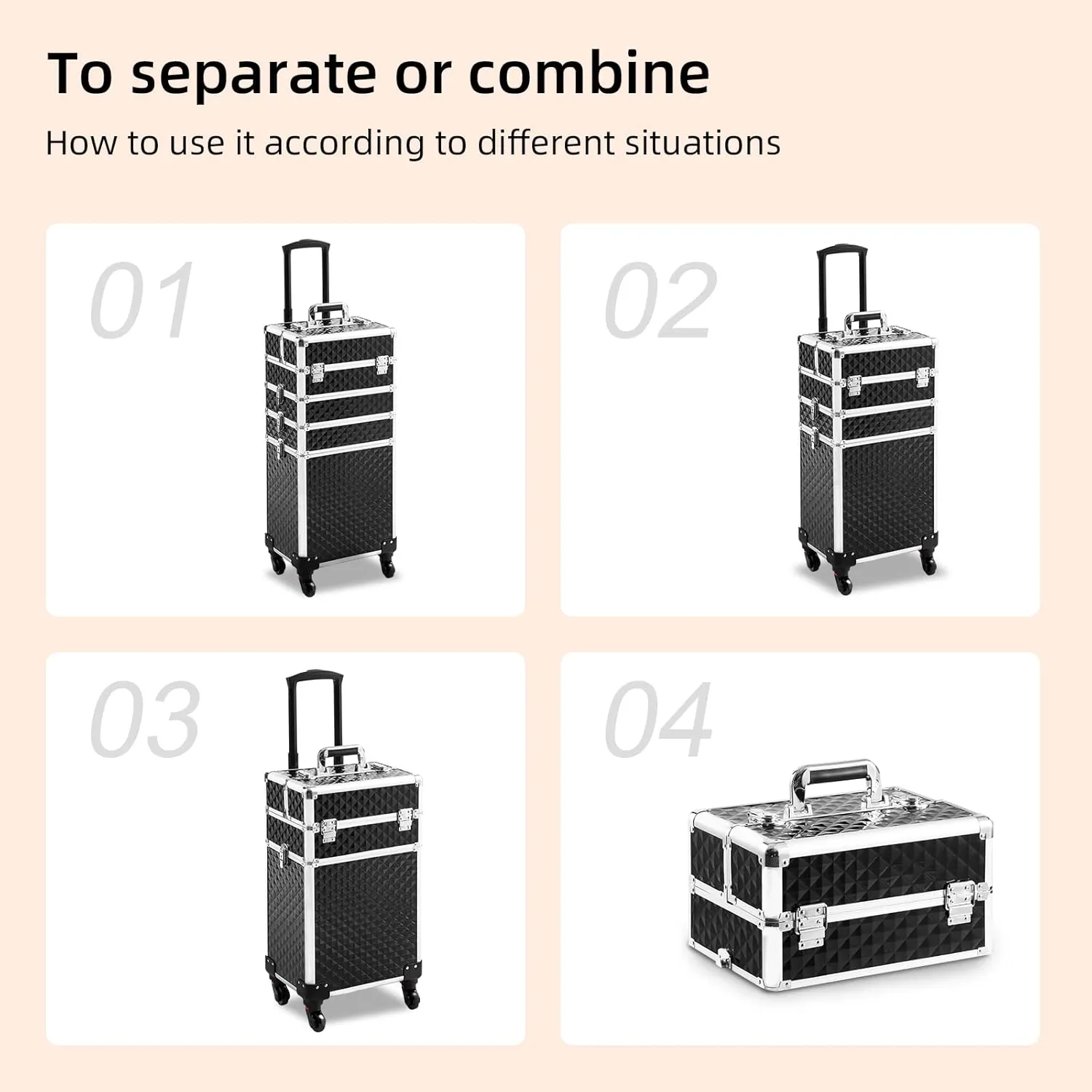Rolling Makeup Case 4 in 1,Professional Makeup Train Case organizers,Large Storage Cosmetic case Trolley,Makeup Travel Case for Salon Barber Black