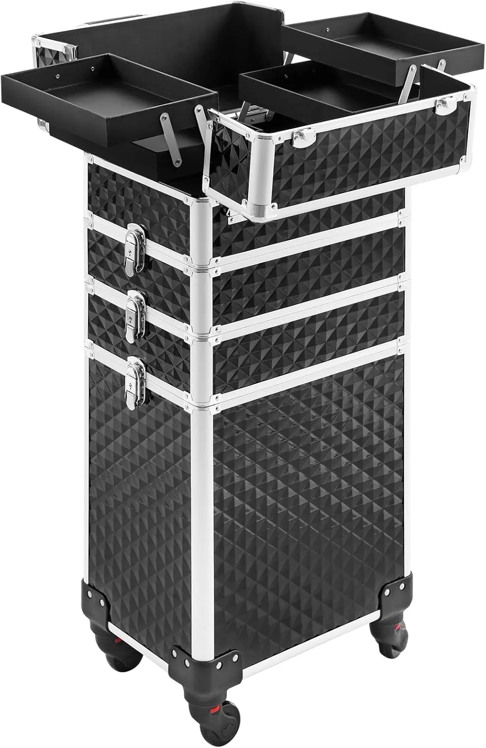 Rolling Makeup Case 4 in 1,Professional Makeup Train Case organizers,Large Storage Cosmetic case Trolley,Makeup Travel Case for Salon Barber Black