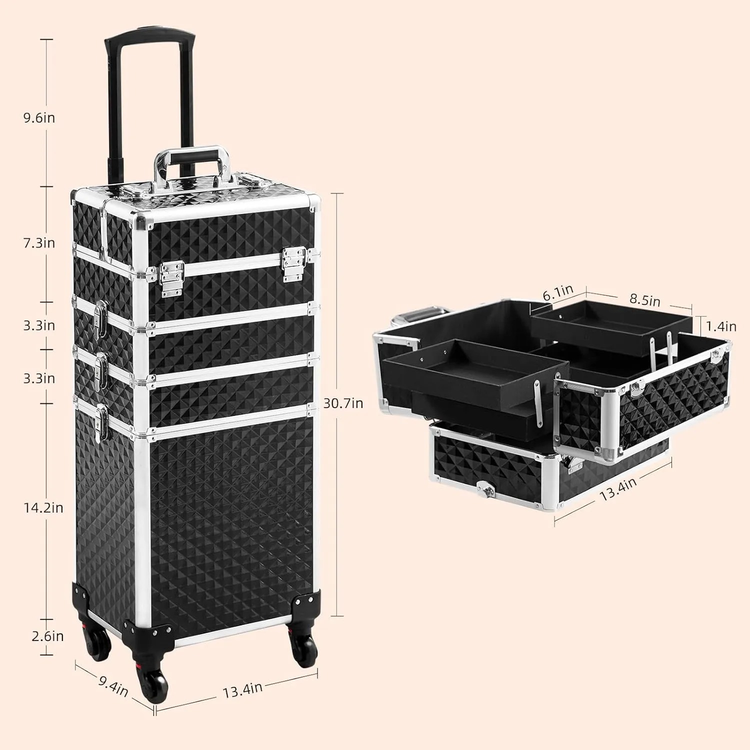 Rolling Makeup Case 4 in 1,Professional Makeup Train Case organizers,Large Storage Cosmetic case Trolley,Makeup Travel Case for Salon Barber Black