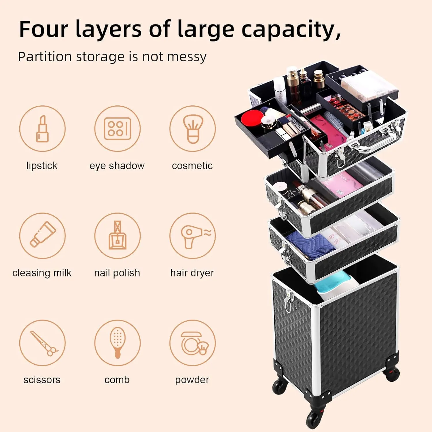 Rolling Makeup Case 4 in 1,Professional Makeup Train Case organizers,Large Storage Cosmetic case Trolley,Makeup Travel Case for Salon Barber Black