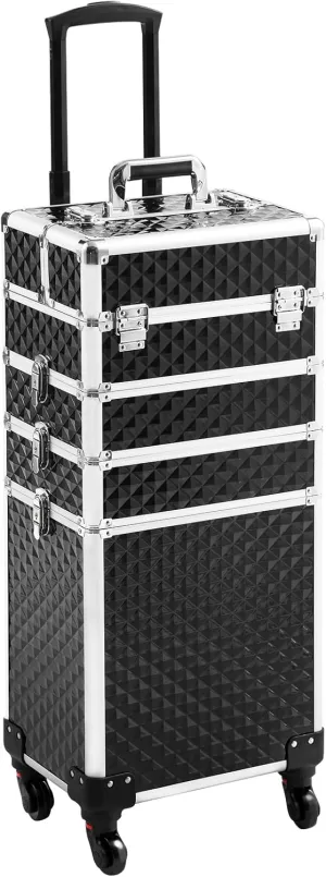 Rolling Makeup Case 4 in 1,Professional Makeup Train Case organizers,Large Storage Cosmetic case Trolley,Makeup Travel Case for Salon Barber Black