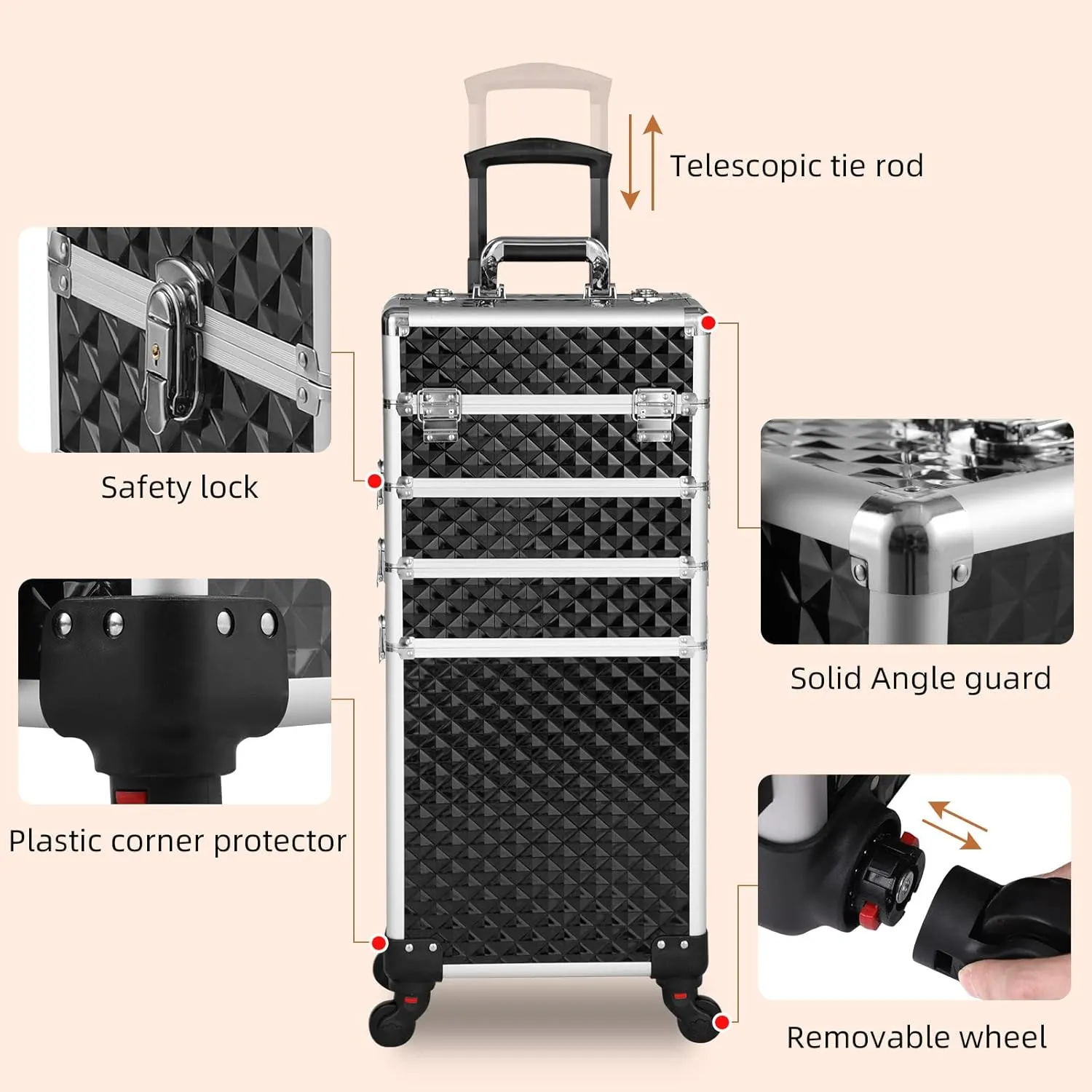 Rolling Makeup Case 4 in 1,Professional Makeup Train Case organizers,Large Storage Cosmetic case Trolley,Makeup Travel Case for Salon Barber Black