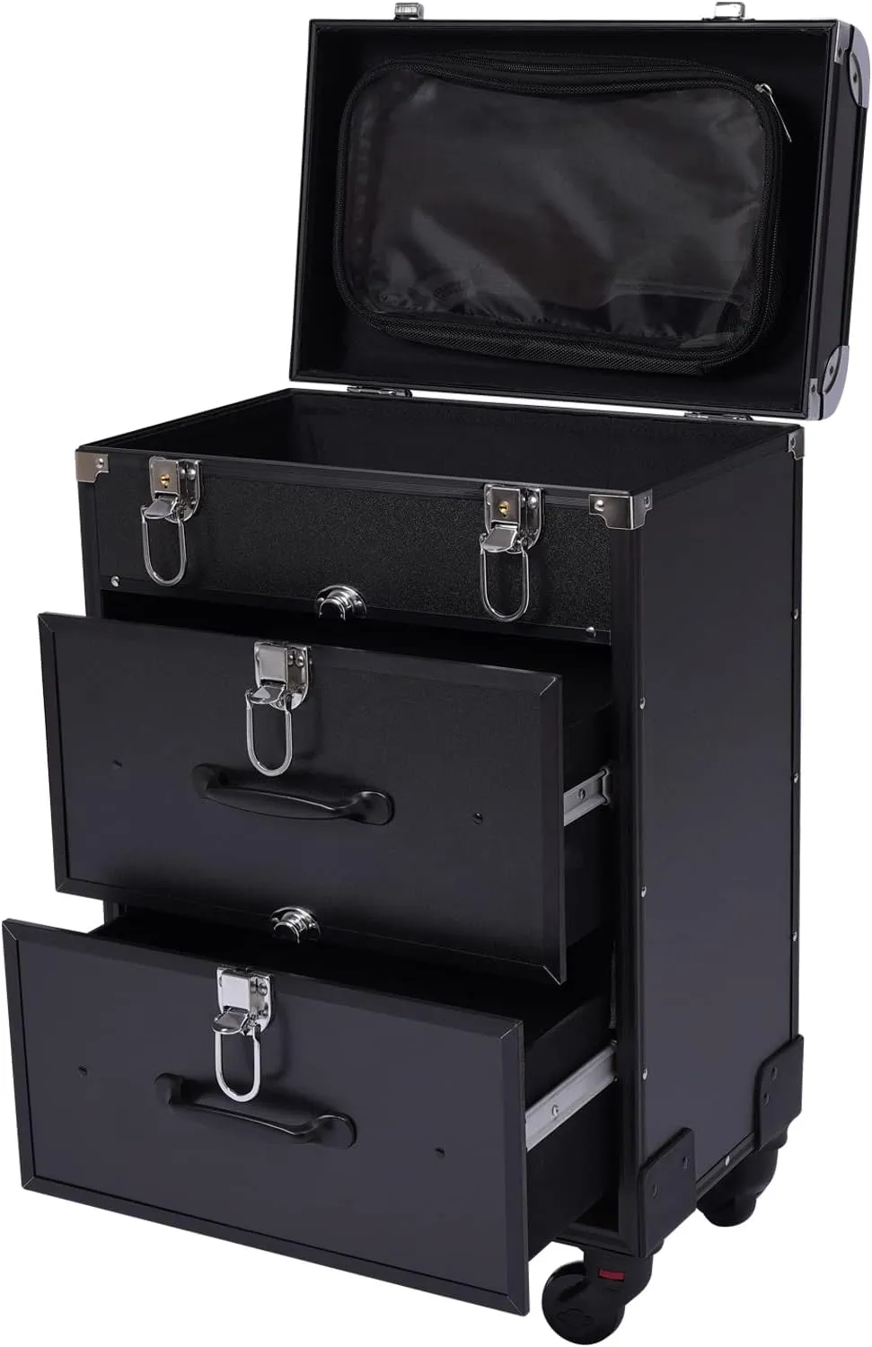 Rolling Makeup Case, Cosmetology Case on Wheels, Large Cosmetic Trolley Makeup Case with Key Swivel, Salon Barber Case Traveling Cart Trunk - Black