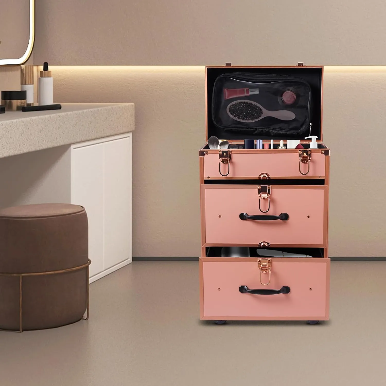 Rolling Makeup Case Large Cosmetic Trolley with Locks Make up Bag with Dividers Cosmetics Storage Organizer for On The Go Makeup/Nail Art/Hair Styling