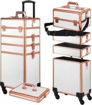 Rolling Makeup Case, Makeup Train Case with Lid, 5 in 1 Cosmetology Case on Wheels, Christmas Gift, Large Makeup Case Organizers, Profesional Cosmetic Case for Salon Barber, White Gold