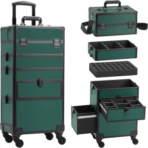 Rolling Makeup Case with Drawer, Makeup Train Case, 4 in 1Cosmetology Case on Wheels, Christmas Gift, Large Makeup Case Organizers, Profesional Cosmetic Case for Salon Barber, Green