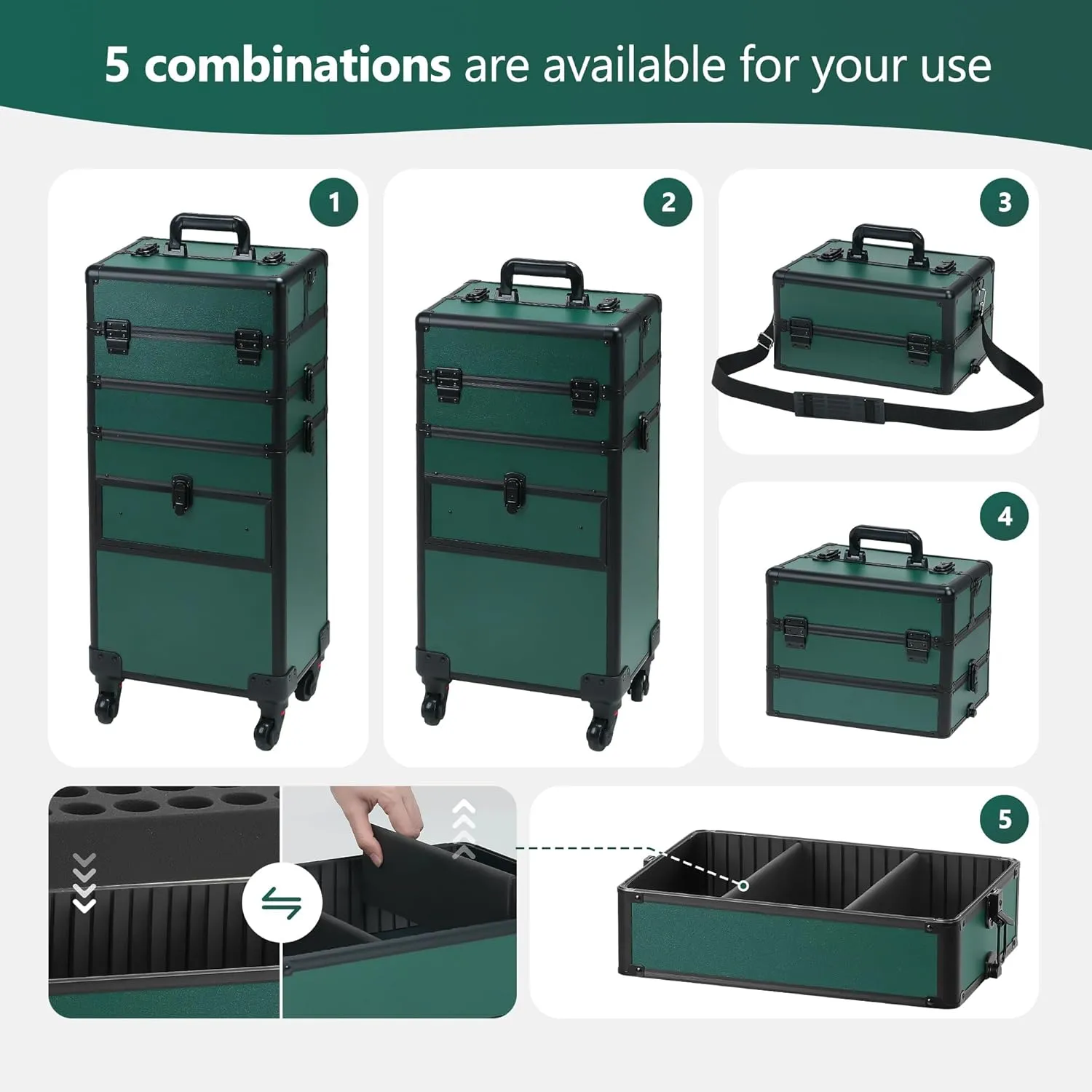 Rolling Makeup Case with Drawer, Makeup Train Case, 4 in 1Cosmetology Case on Wheels, Christmas Gift, Large Makeup Case Organizers, Profesional Cosmetic Case for Salon Barber, Green