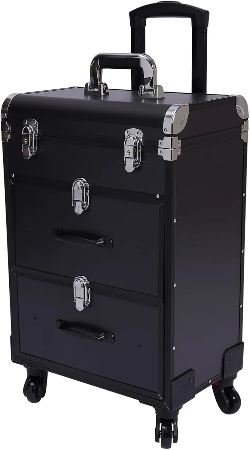 Rolling Makeup Train Case Cosmetic Trolley Cosmetic Case Professional Large Storage Organizer Salon Barber Case Travel Adjustable Dividers for Beauty Personal Care (Black)