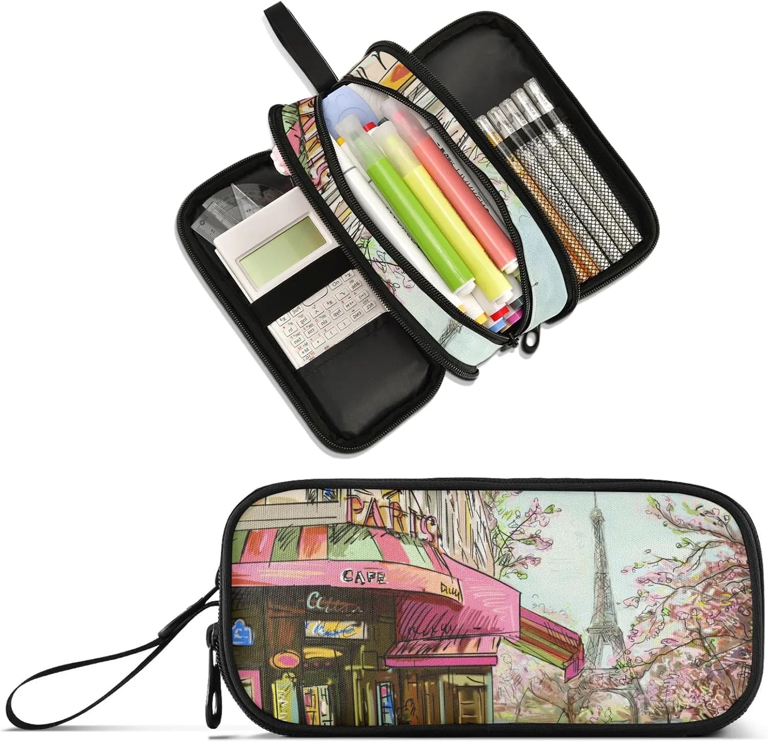 Romantic Paris Eiffel Tower Large Capacity Pencil Case Pencil Pouch Office School Large Storage Pen Bag 3 Compartment pencil box for Adults School Teen Girl Boy Men Women
