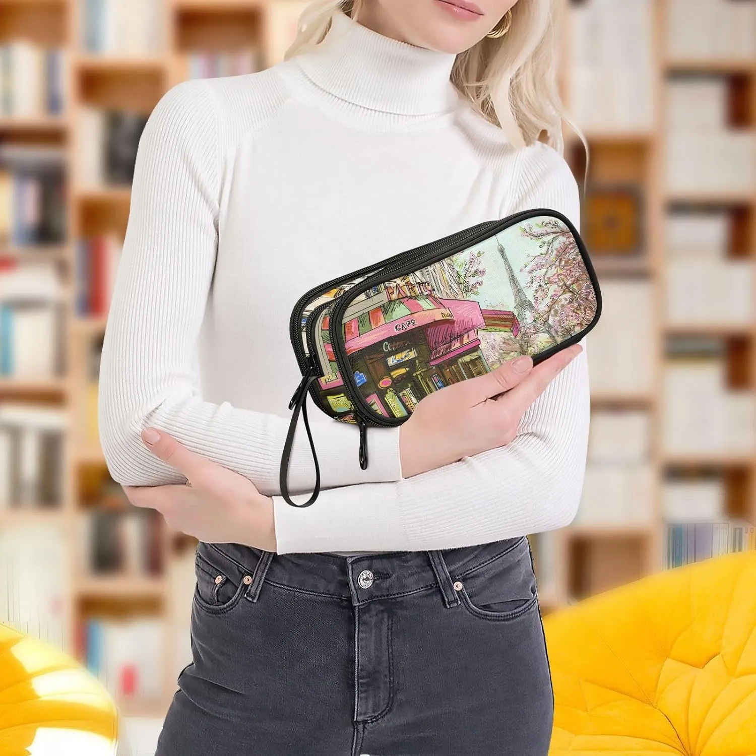 Romantic Paris Eiffel Tower Large Capacity Pencil Case Pencil Pouch Office School Large Storage Pen Bag 3 Compartment pencil box for Adults School Teen Girl Boy Men Women
