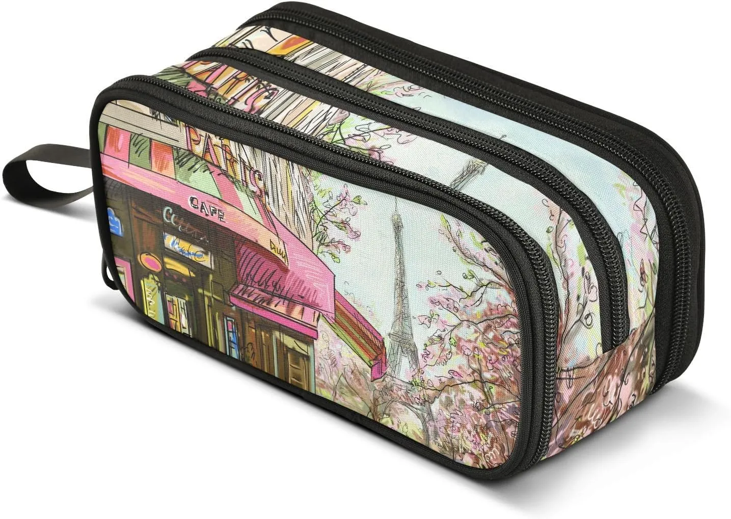 Romantic Paris Eiffel Tower Large Capacity Pencil Case Pencil Pouch Office School Large Storage Pen Bag 3 Compartment pencil box for Adults School Teen Girl Boy Men Women