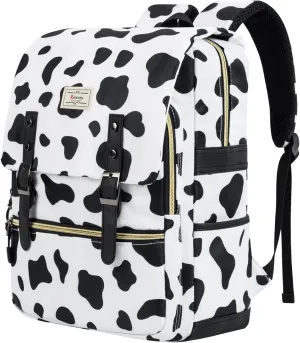 Ronyes Vintage Backpack for Women Men, Laptop Backpack 15.6 inch Bookbag Casual Daypack for Work, White with Cow Pattern