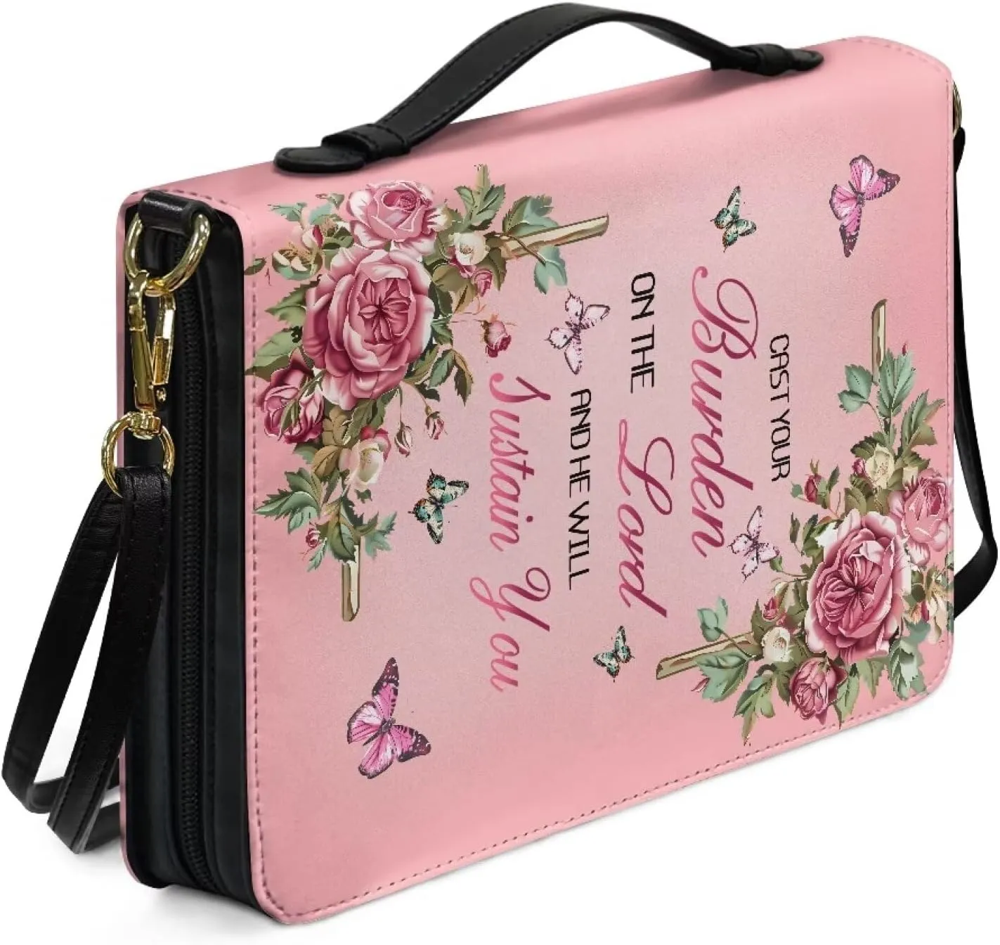 Rose Butterfly Text Print Bible Cover for Men Women, Cast Your Burden on The Lord and He Will Sustain You, Large Capacity Bible bag with Detachable Strap,XL