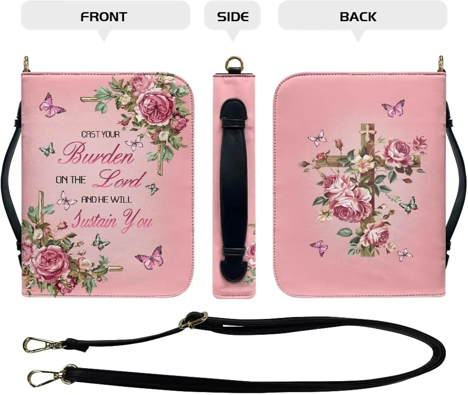 Rose Butterfly Text Print Bible Cover for Men Women, Cast Your Burden on The Lord and He Will Sustain You, Large Capacity Bible bag with Detachable Strap,XL
