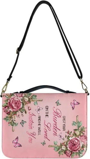 Rose Butterfly Text Print Bible Cover for Men Women, Cast Your Burden on The Lord and He Will Sustain You, Large Capacity Bible bag with Detachable Strap,XL