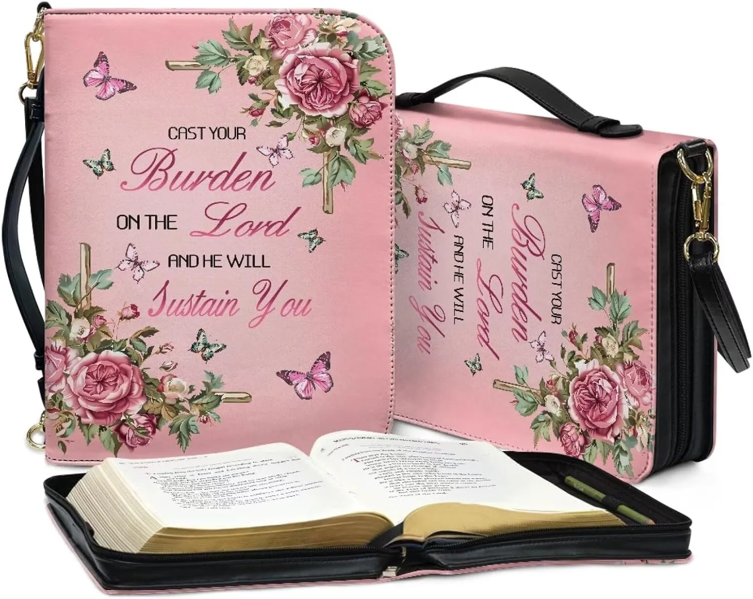 Rose Butterfly Text Print Bible Cover for Men Women, Cast Your Burden on The Lord and He Will Sustain You, Large Capacity Bible bag with Detachable Strap,XL