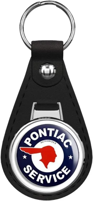 Round Vintage Pontiac Service (Gas car Logo Old Rat Rod) Black Leather Keychain Silver Keyring