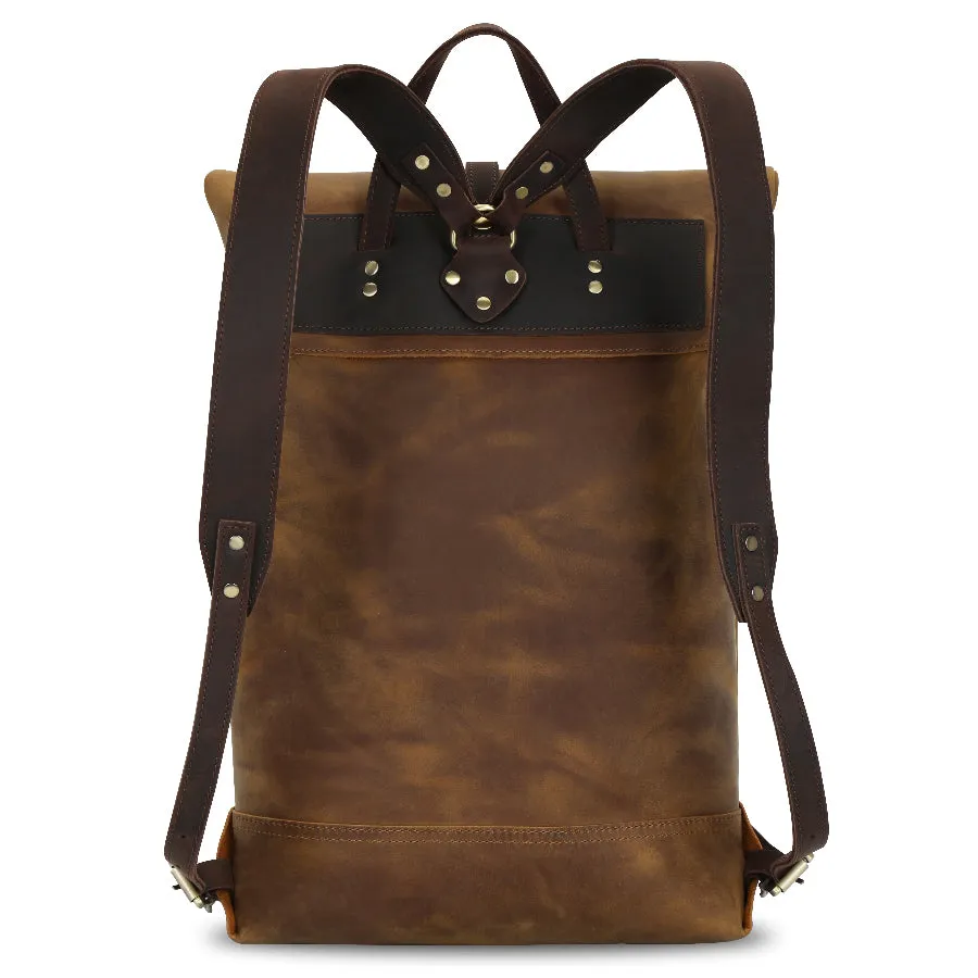 Rustic Leather Roll-Top Backpack