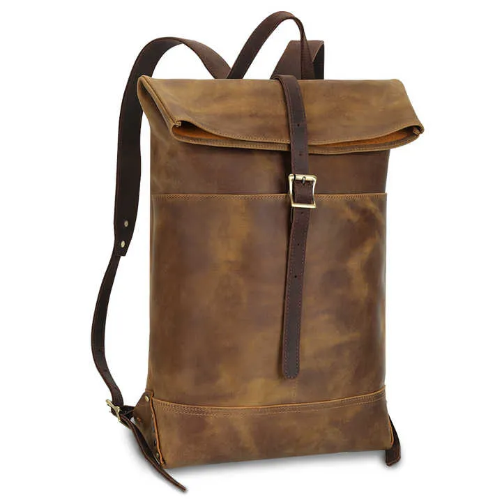 Rustic Leather Roll-Top Backpack
