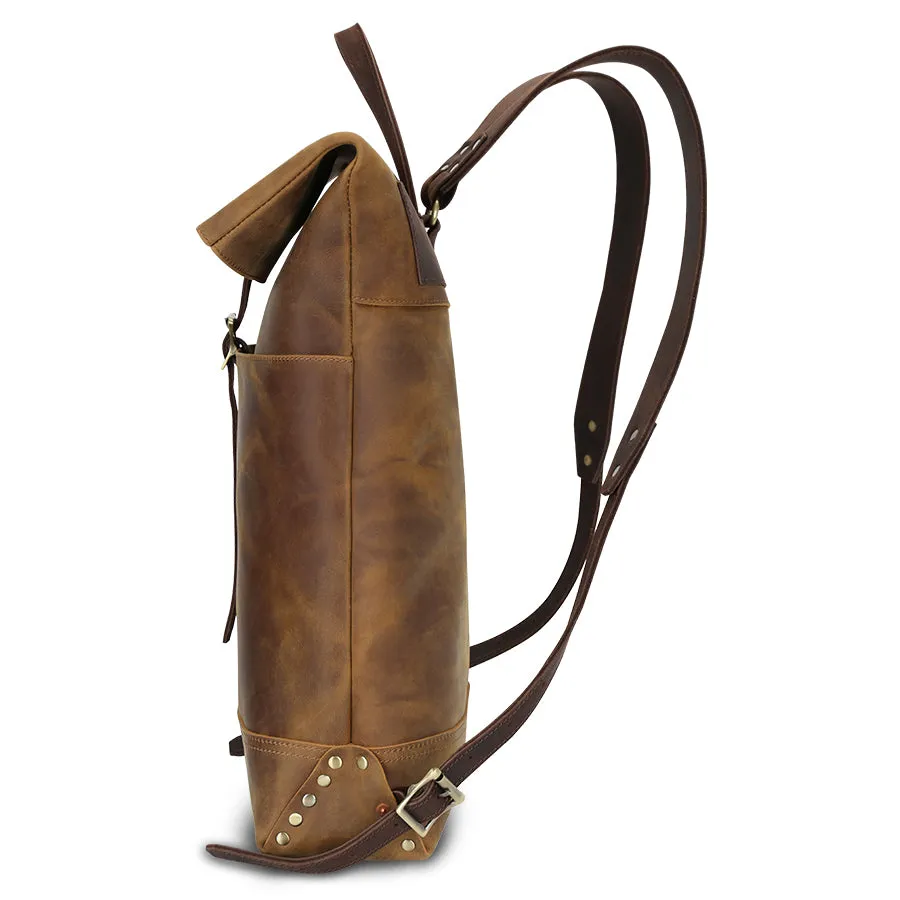 Rustic Leather Roll-Top Backpack