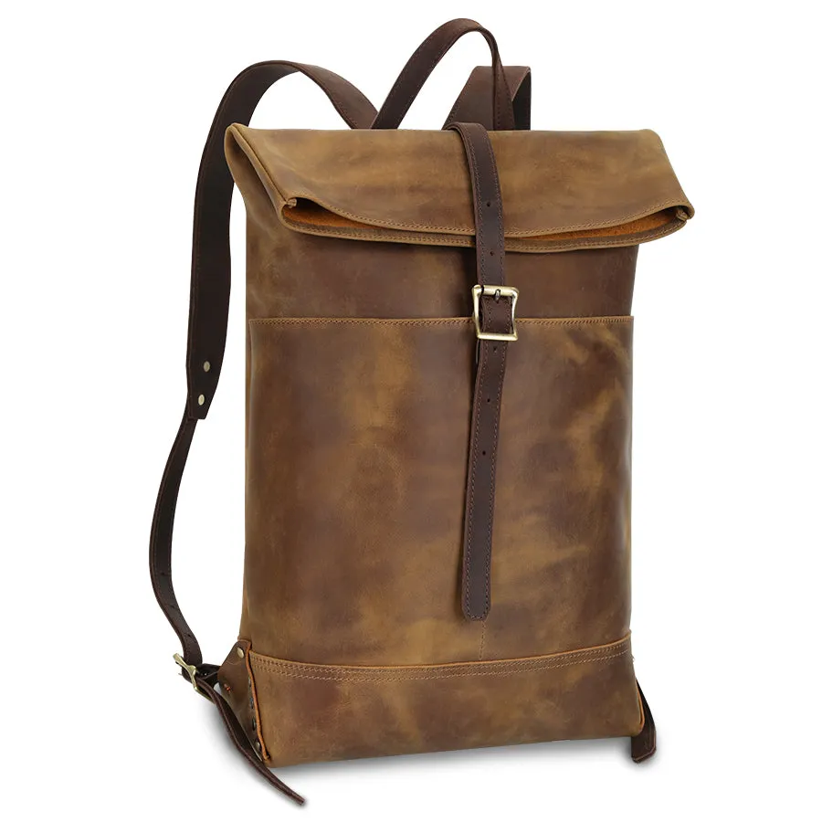 Rustic Leather Roll-Top Backpack