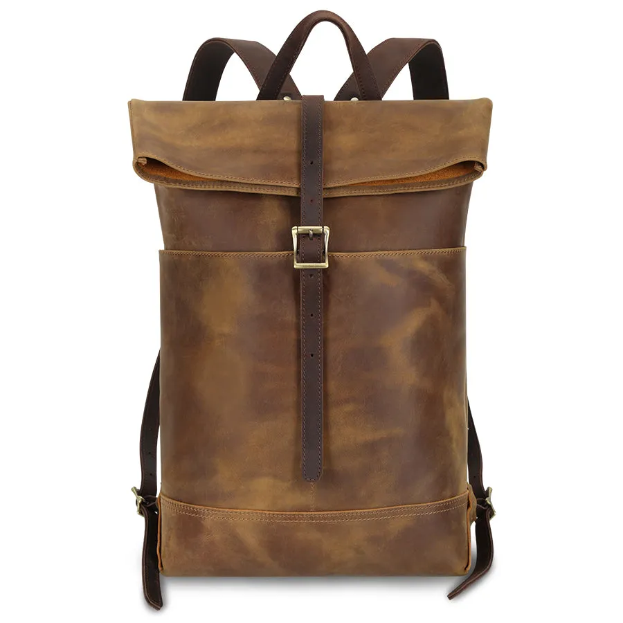 Rustic Leather Roll-Top Backpack