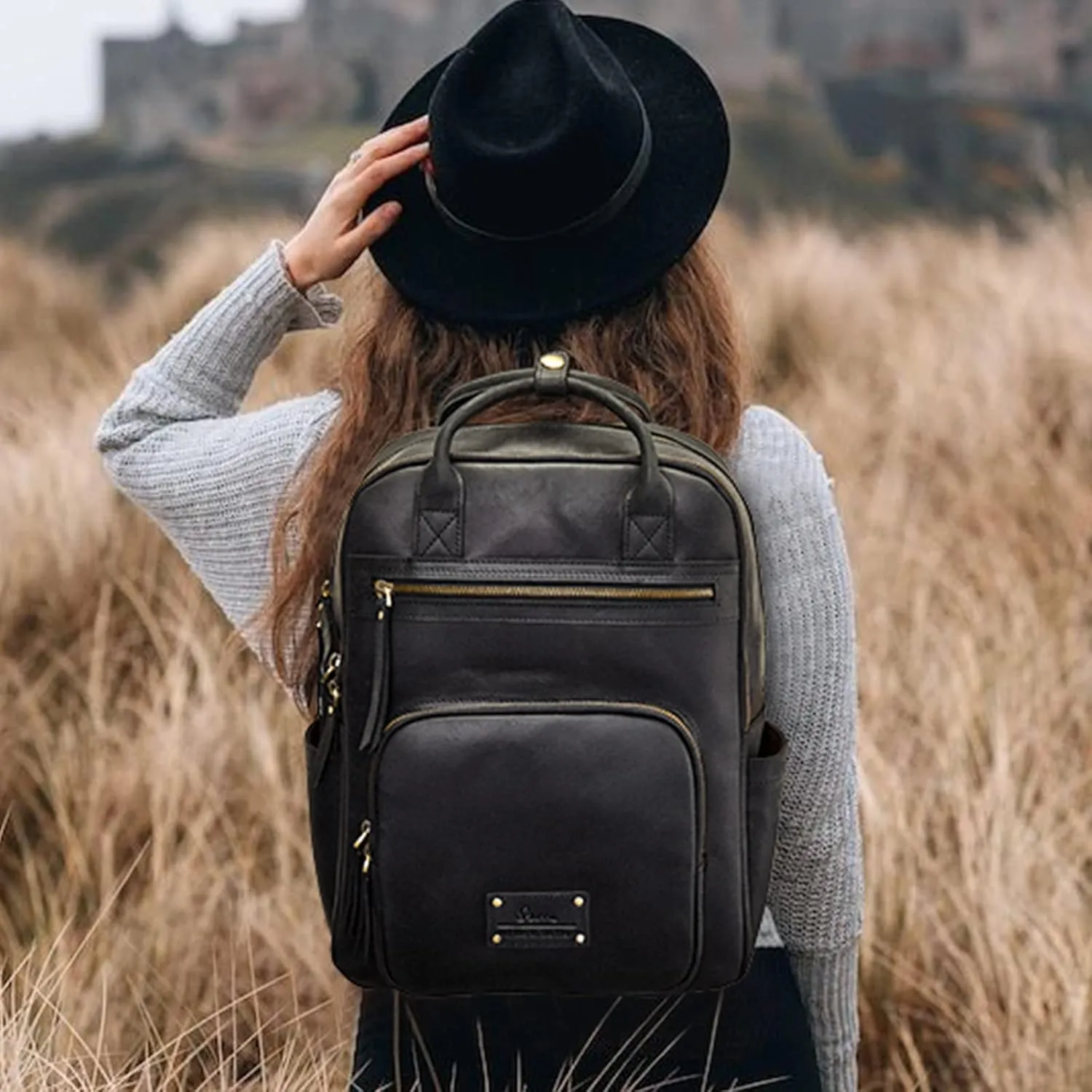 S-ZONE Vintage Genuine Leather Backpack Purse for Women Men Rucksack Travel Daypack with Luggage Sleeve