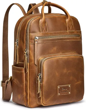 S-ZONE Vintage Genuine Leather Backpack Purse for Women Men Rucksack Travel Daypack with Luggage Sleeve
